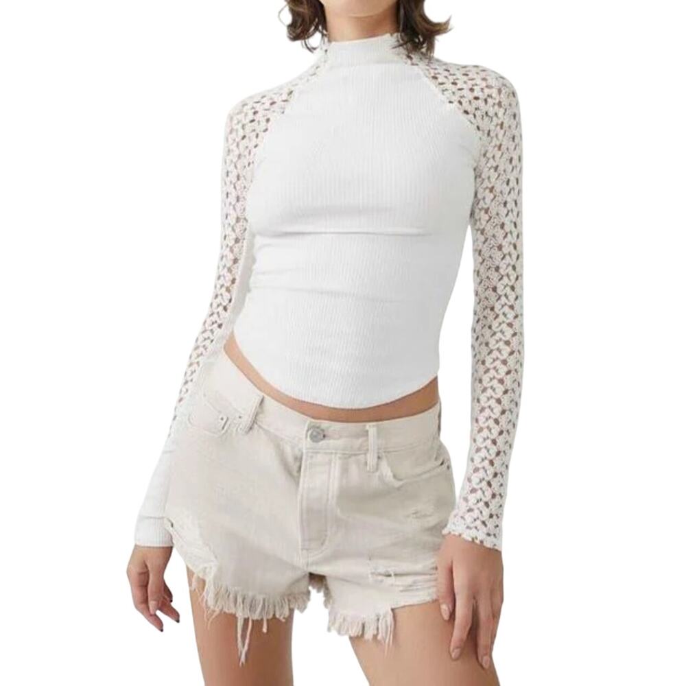 Free People Clemente Mixed Media Womens Lacy Sleeve Stretch Top Size Medium